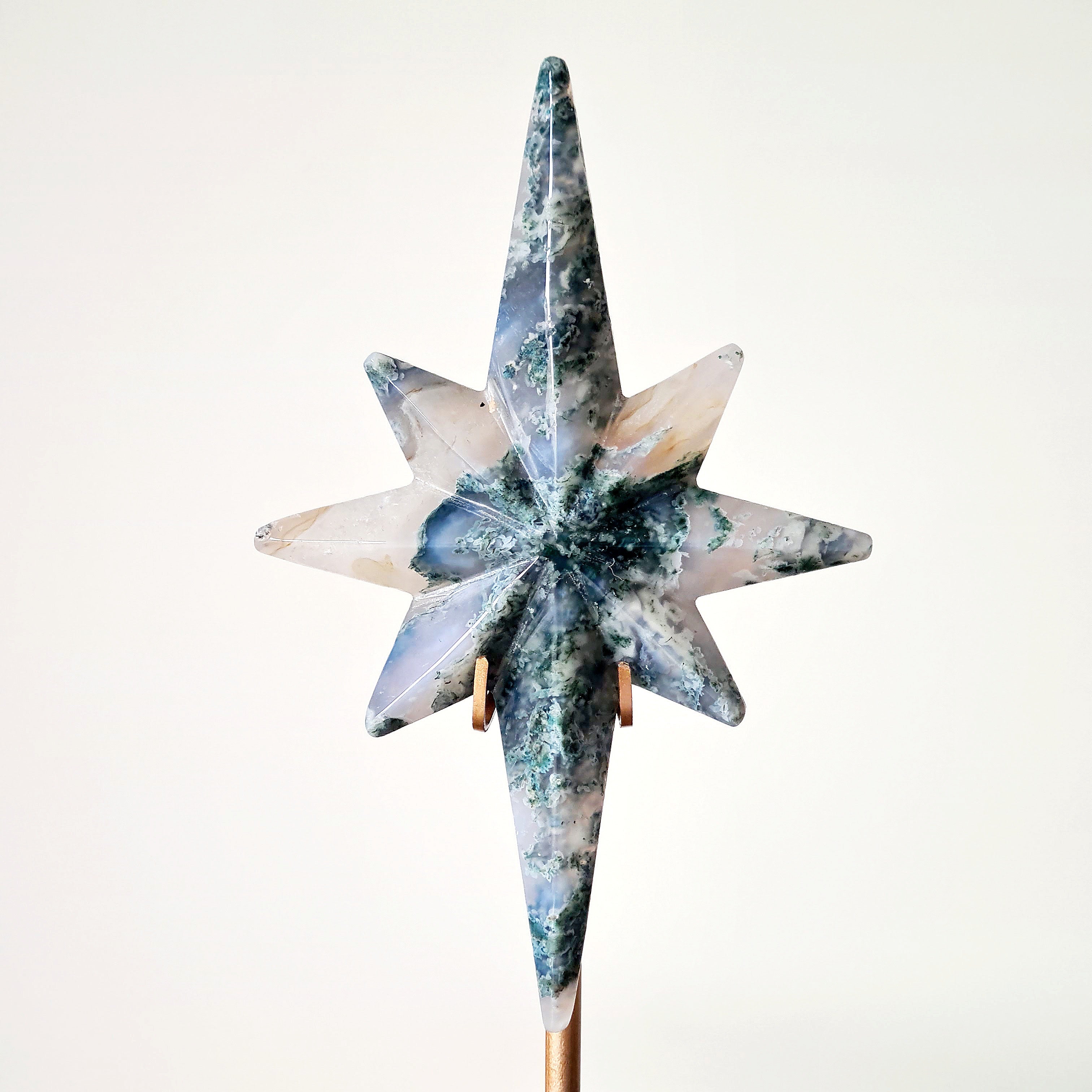 Moss Agate Star on stand | 14 cm star