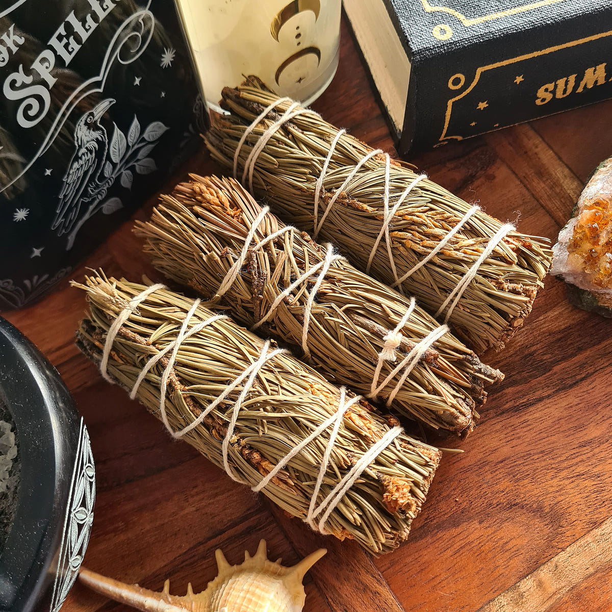 Three green and brown Pine smudge bundles tied with white string.