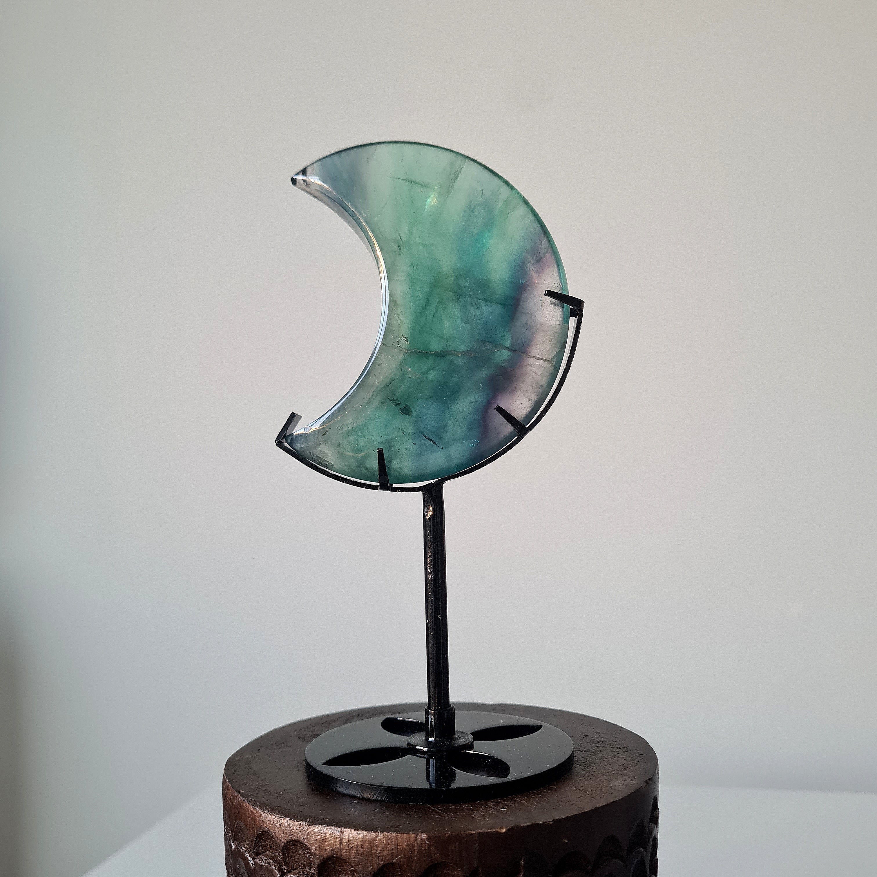 Milky Lane Fluorite Crescent Moon π Carving on Stand | C
