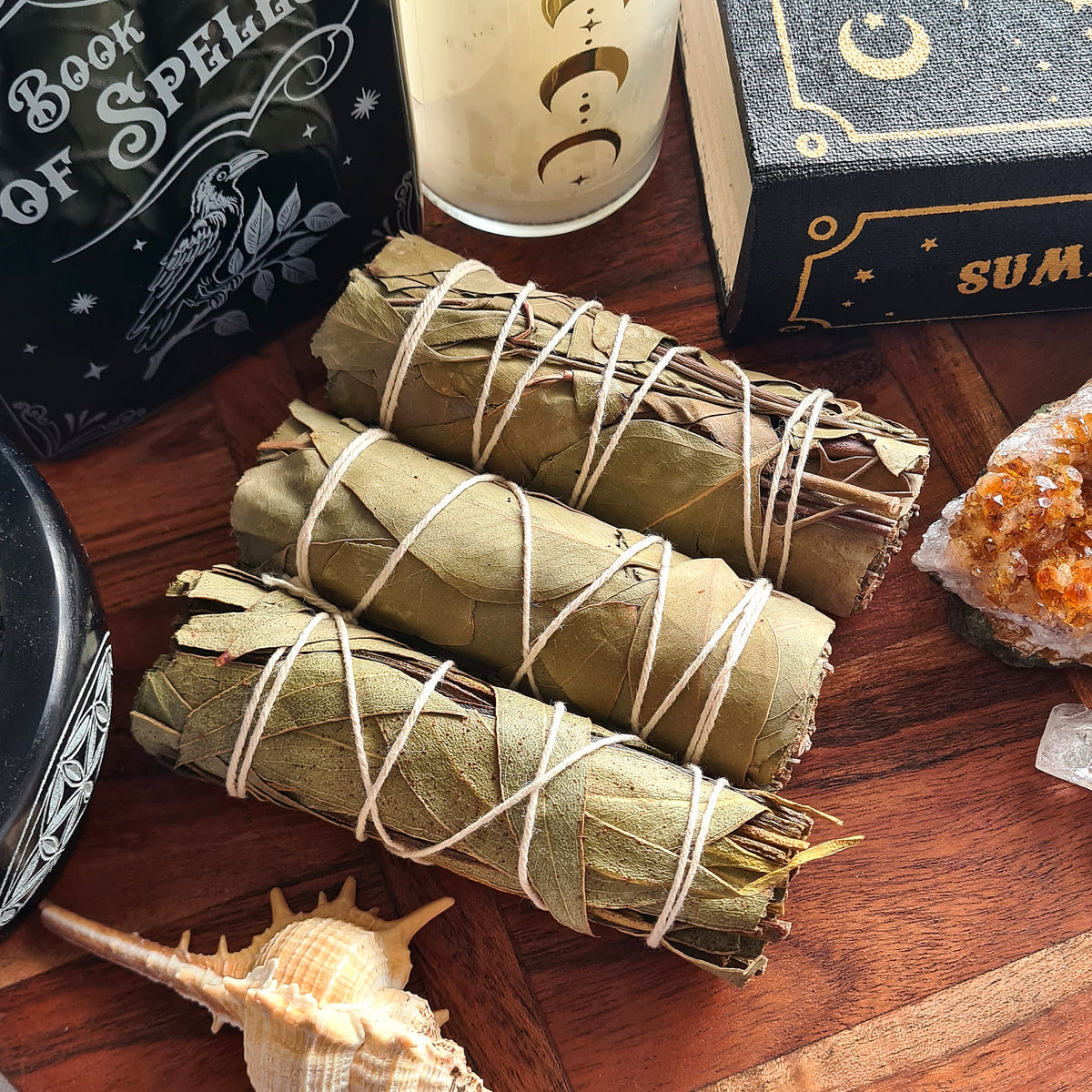 Three pale-green Eucalyptus smudge bundles tied with white string.