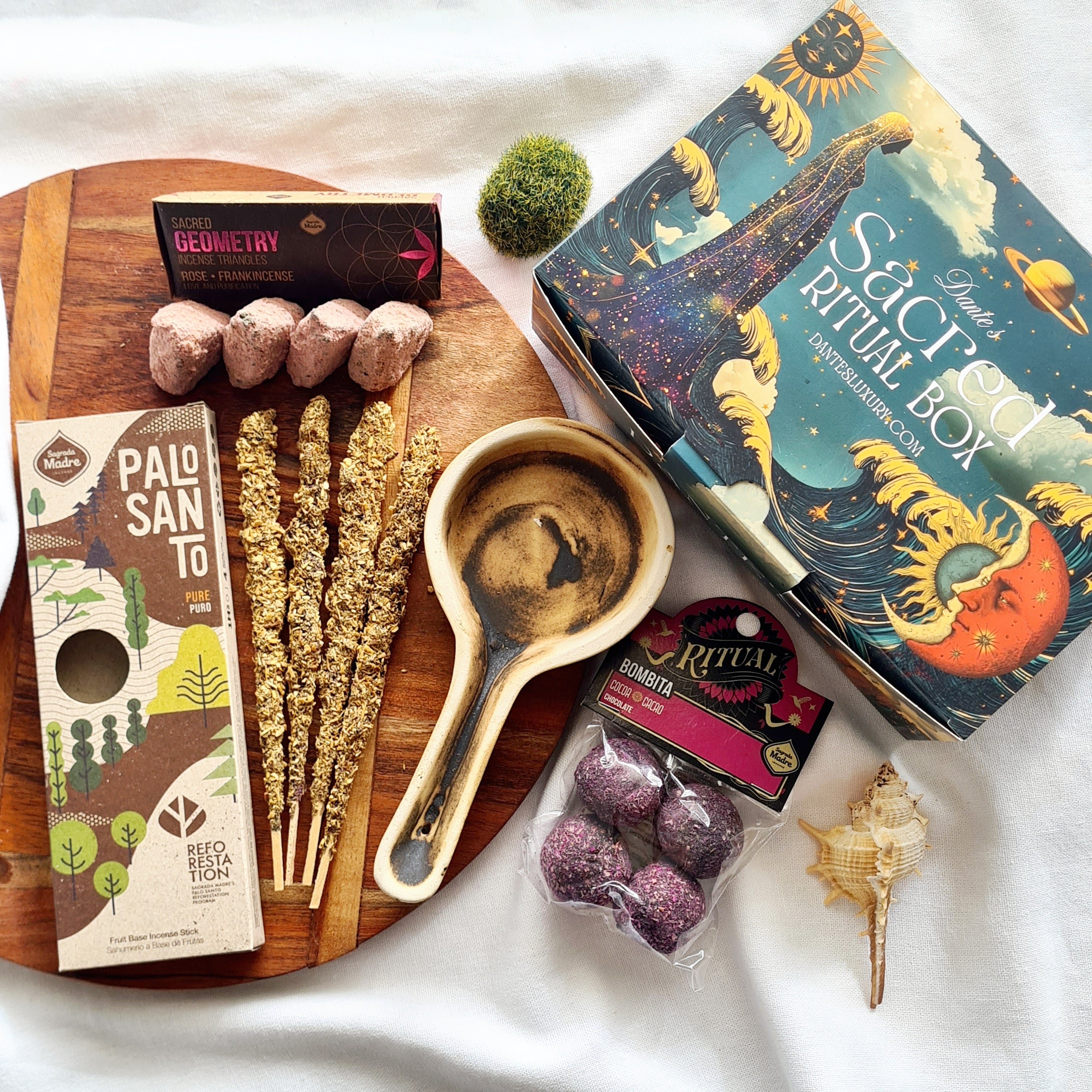 Sacred Ritual Kit | Artisan Burner, Pure Palo Santo Incense, Cacao Ceremony Bombitas & Sacred Rose Triangle