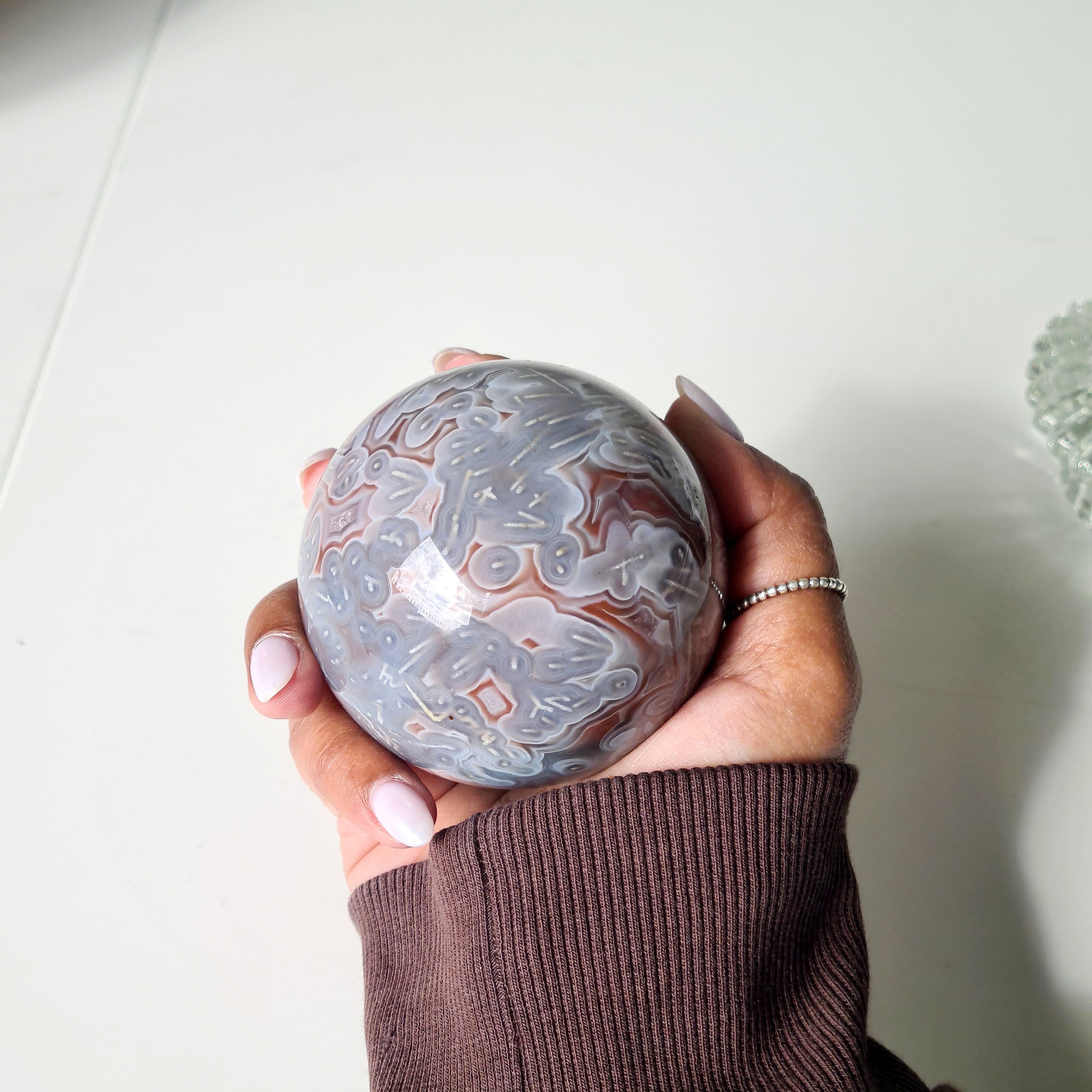 Swazi Agate Sphere with glass stand | A | 406 g | Appx 6.6 cm