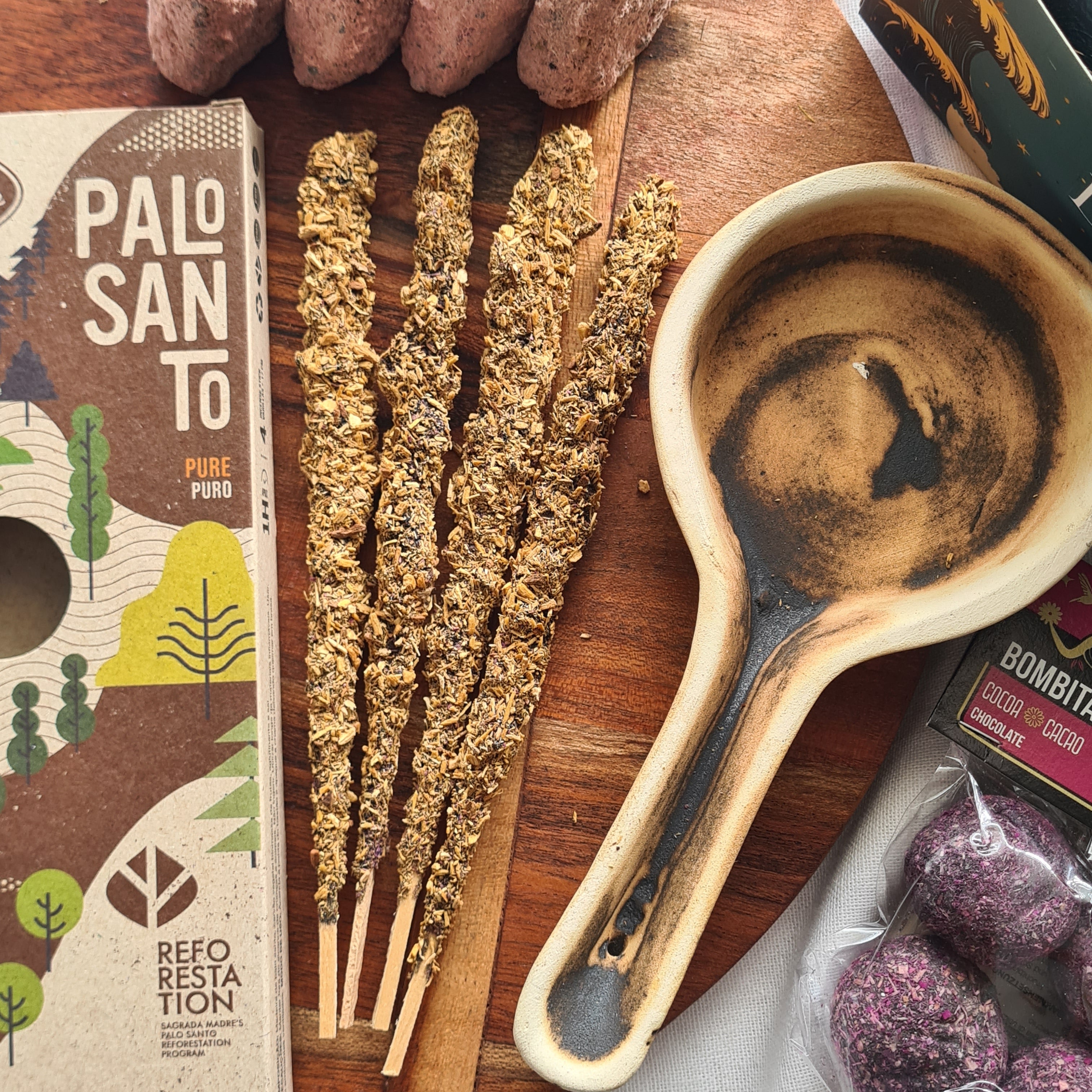 Sacred Ritual Kit | Artisan Burner, Pure Palo Santo Incense, Cacao Ceremony Bombitas & Sacred Rose Triangle