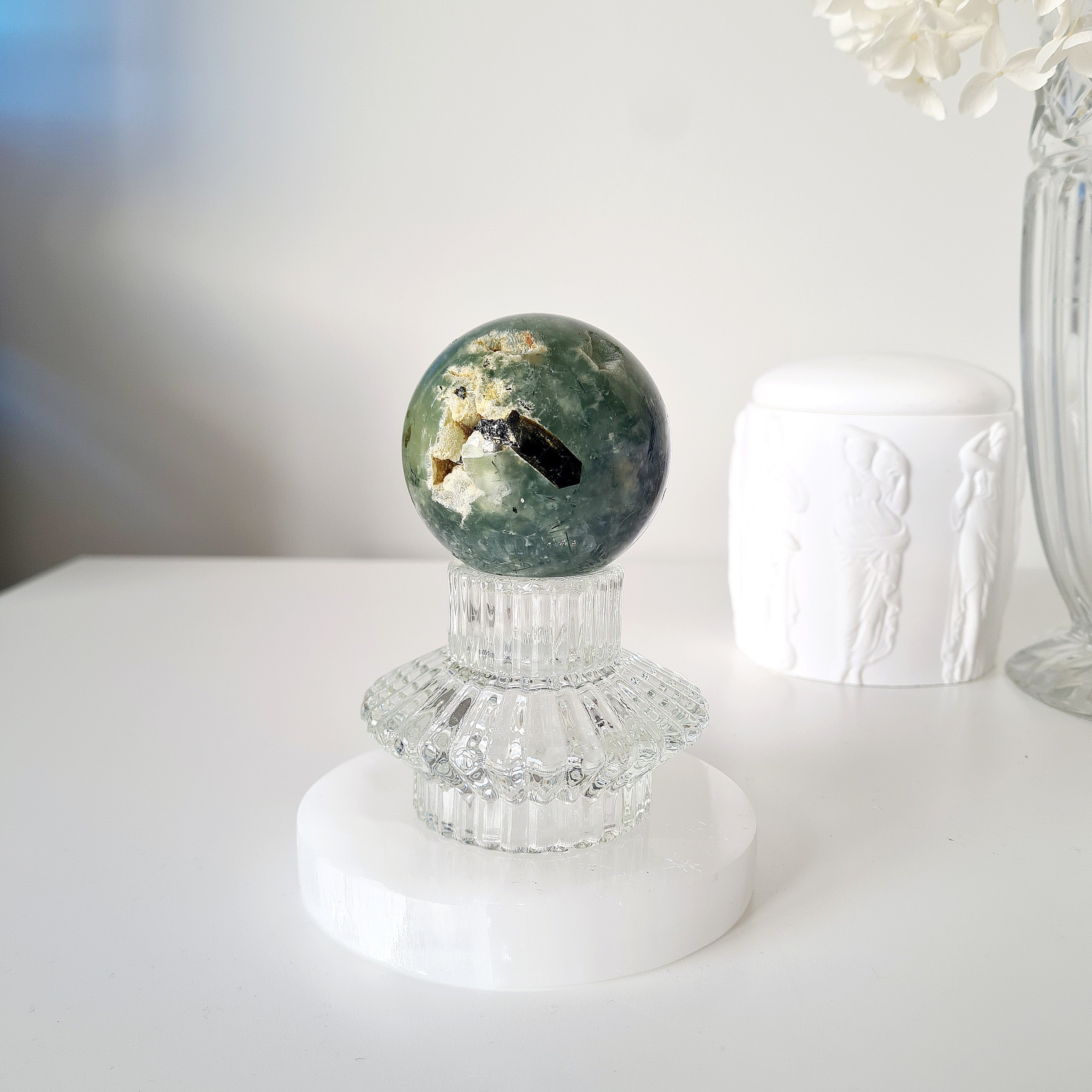 Prehnite with Epidote Crystal Sphere with Stand | B | 285 g