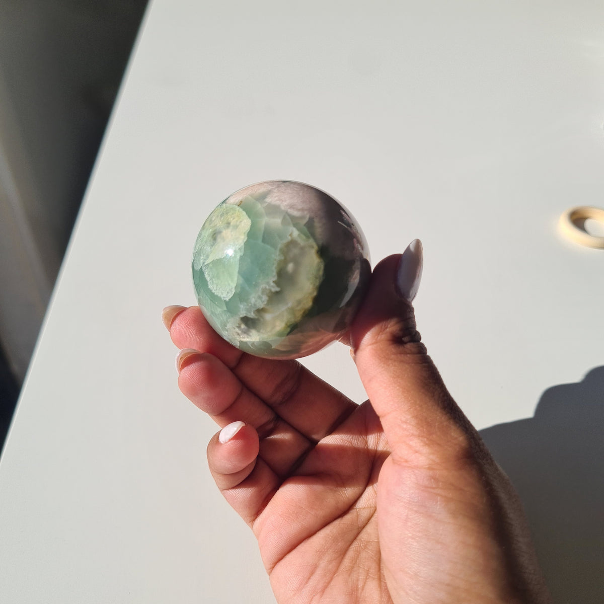 Green Flower Agate Crystal Sphere | Mini