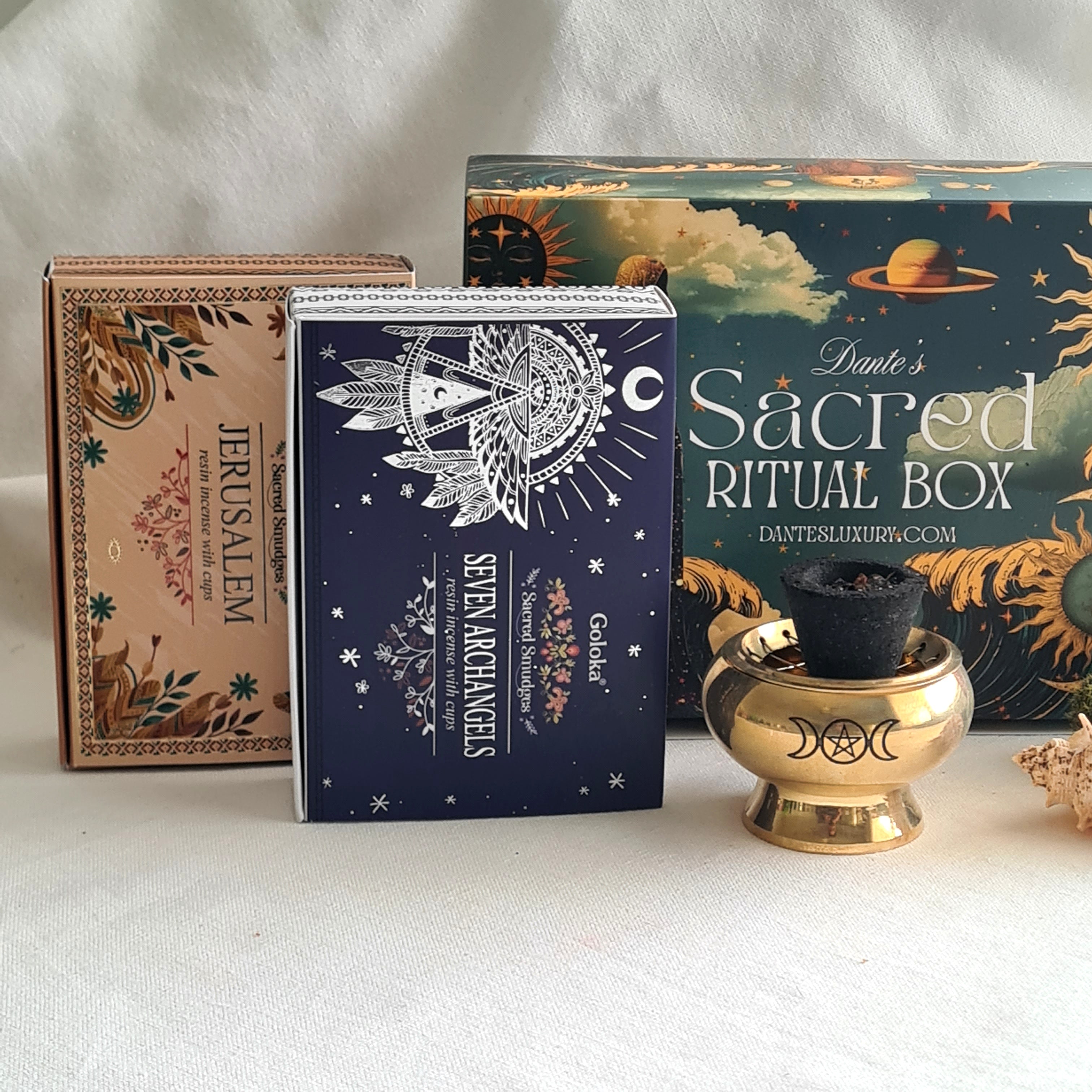 Divine Protection Kit – Seven Angels & Jerusalem Smudge Cups with Mini Brass Burner