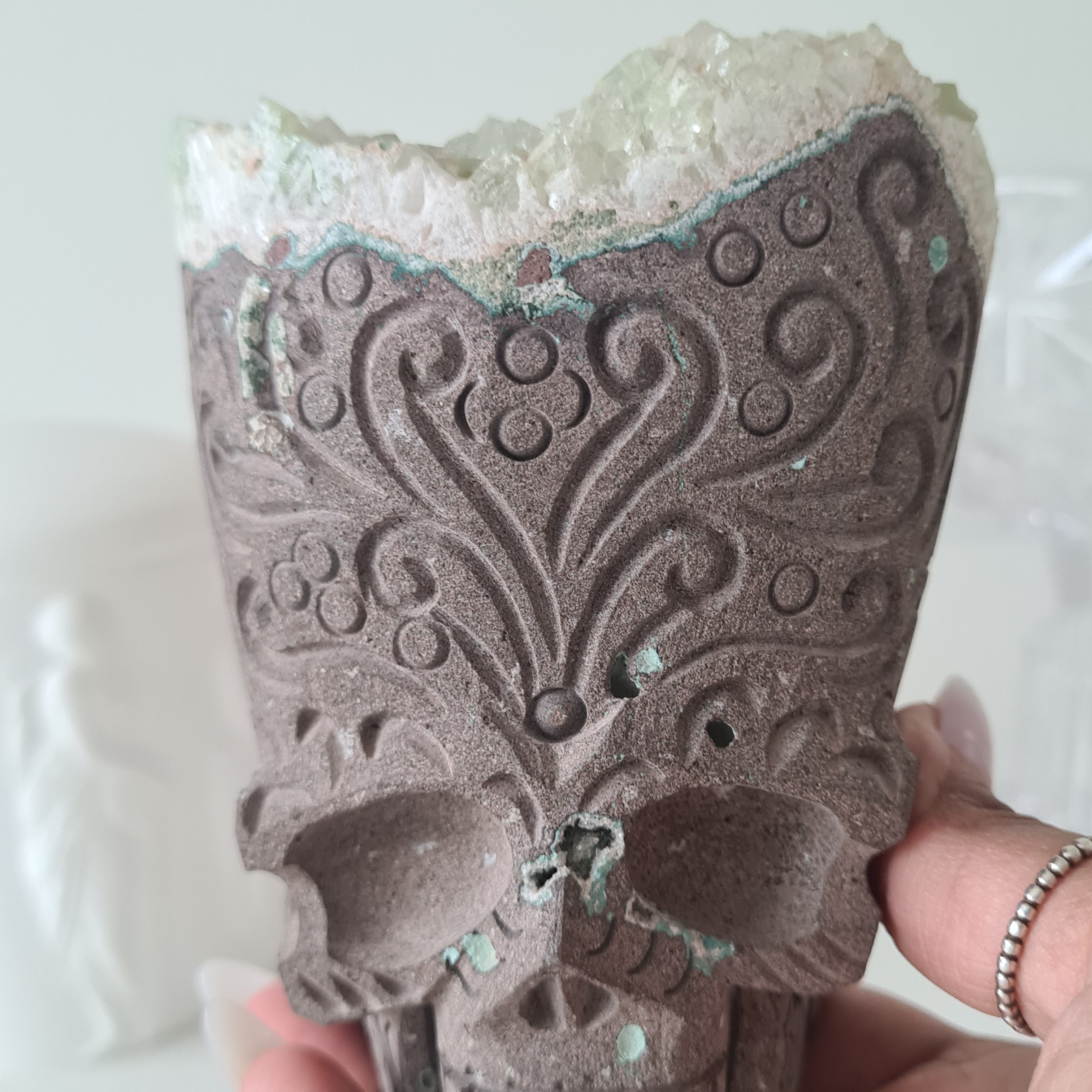 Skull Carving with Apophyllite & Stilbite inclusion