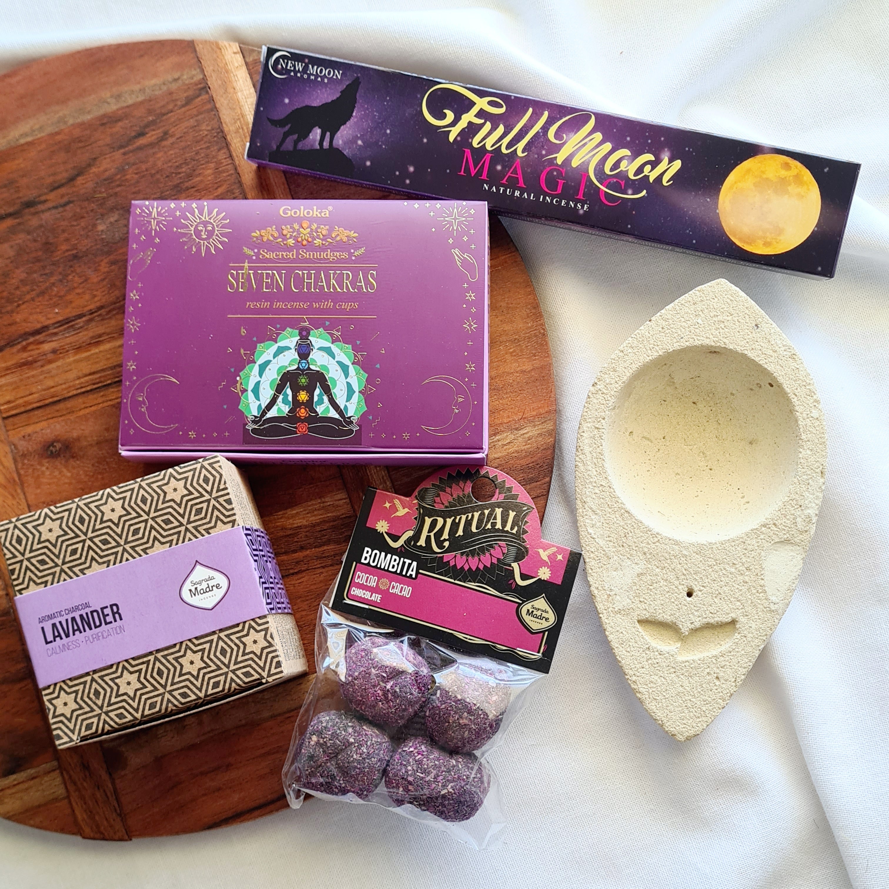 Ritual Kit – Chakra Smudge Cups, Burner, Cacao Bombitas, Lavender Bombas & Full Moon Incense Sticks