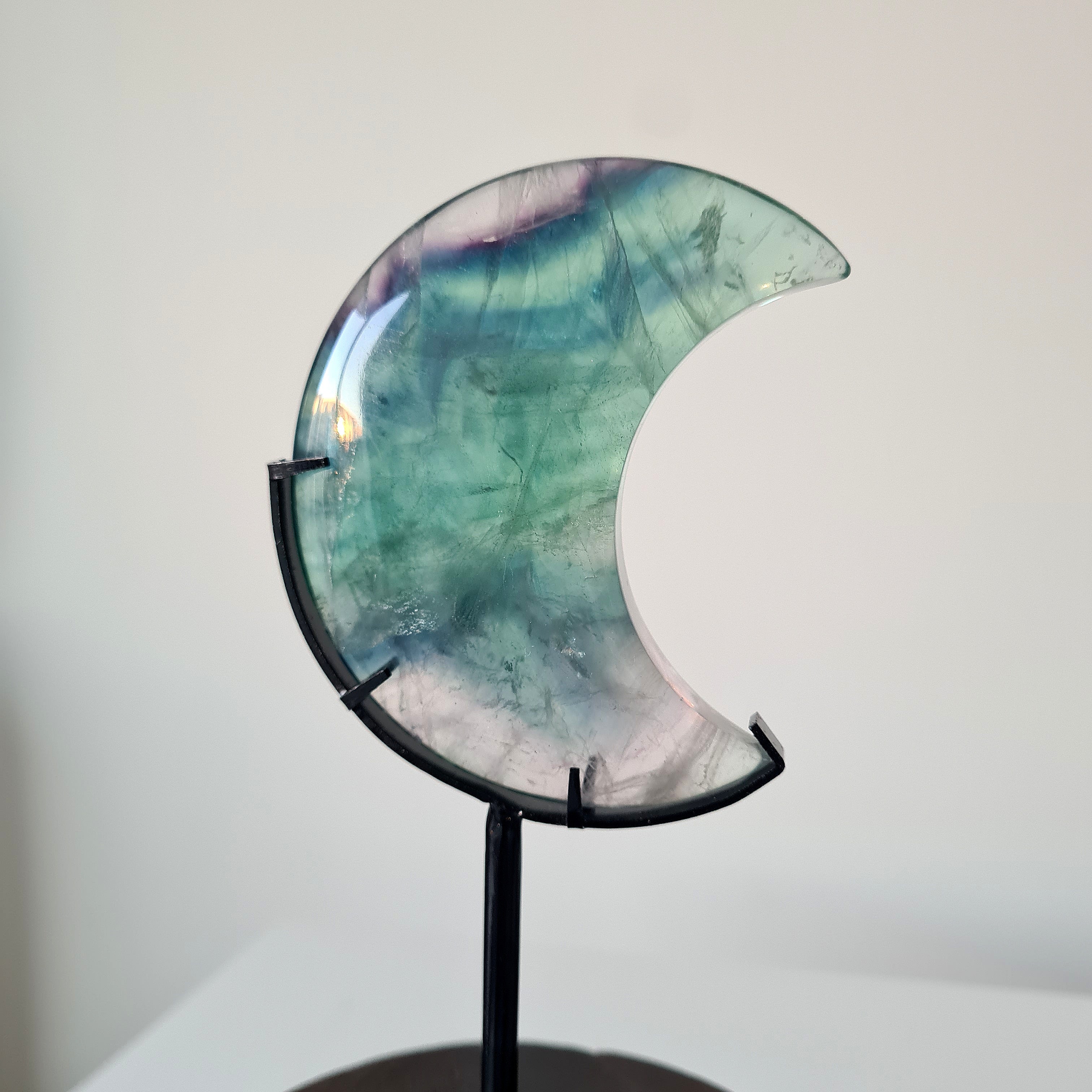 Milky Lane Fluorite Crescent Moon π Carving on Stand | E