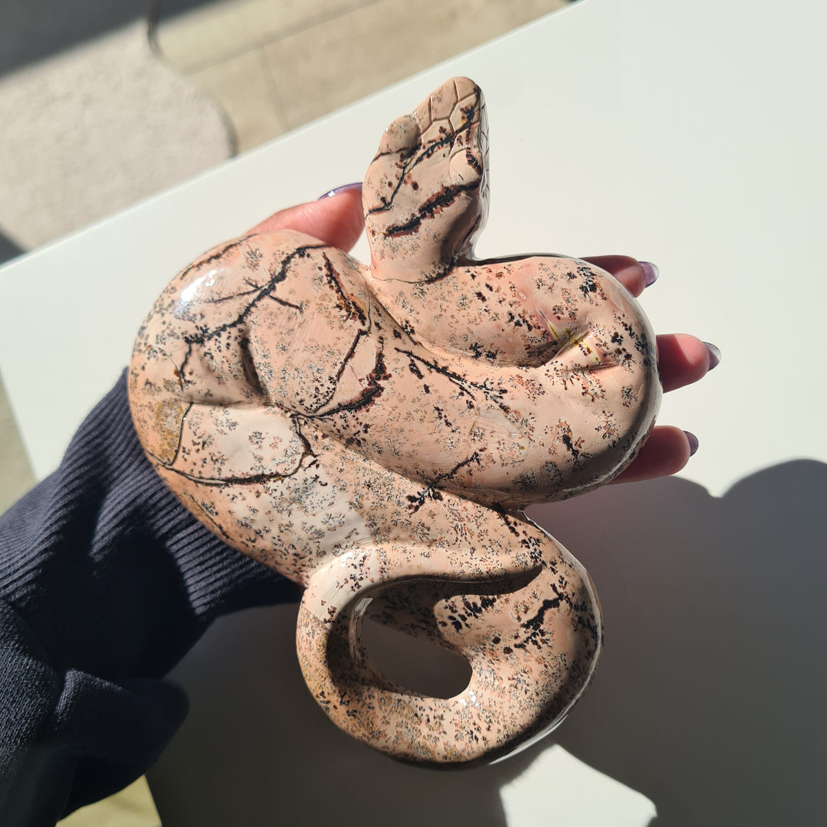 Hand holding picture jasper serpent B with a coiled body and fine dark branches across a pale pink surface.