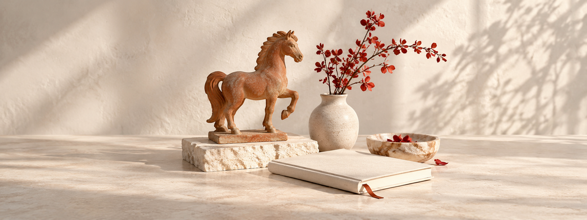 A small tasteful terracotta horse sculpture on an ivory plinth beside a blank personal-intention journal and a subtle warm red botanical accent.
