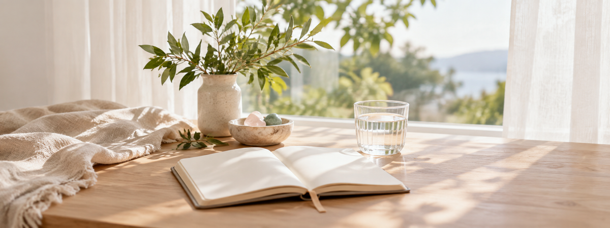 A quiet morning routine scene with a blank open journal, a simple glass of water and soft green foliage near a bright window.
