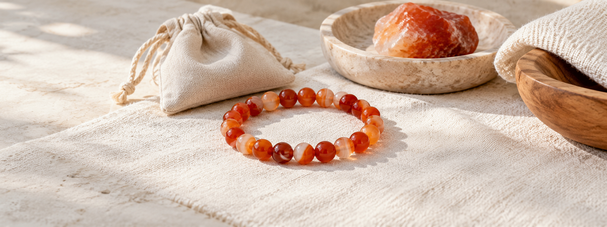 An orange-red Carnelian bead bracelet with pale banded bead variation on ivory linen beside a soft pouch.