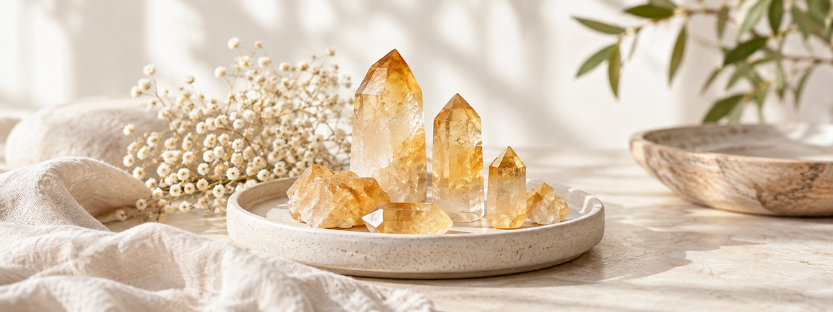 A small group of translucent pale golden citrine quartz points and rough pieces on a pale ceramic tray.