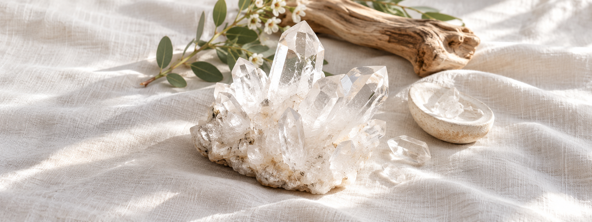 A clear quartz cluster with transparent points and a visible natural base, securely supported on ivory linen.