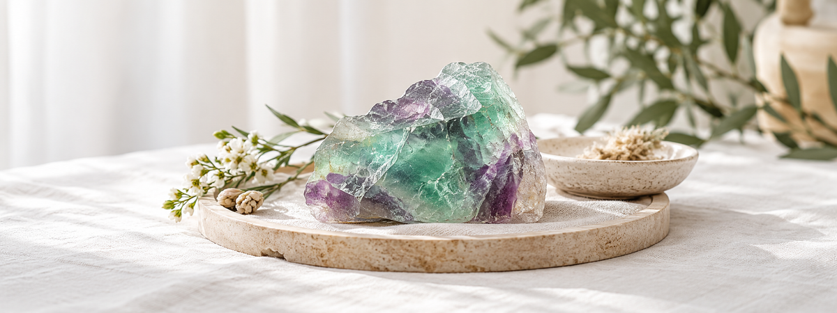 A translucent green and purple fluorite piece with gentle zoning on a pale linen-lined tray.