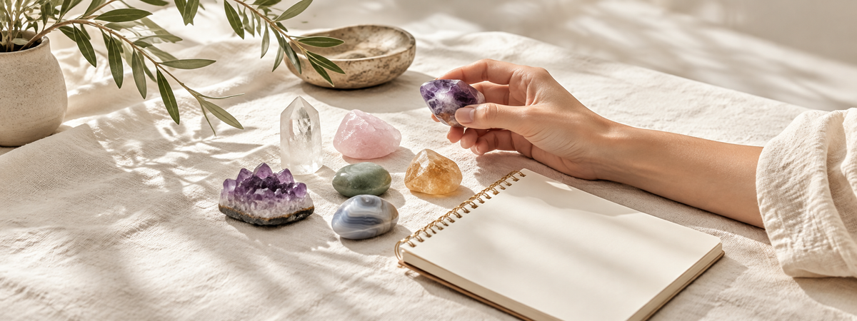 A small selection of contrasting crystals on ivory linen beside a blank notebook, with an adult hand considering one piece.