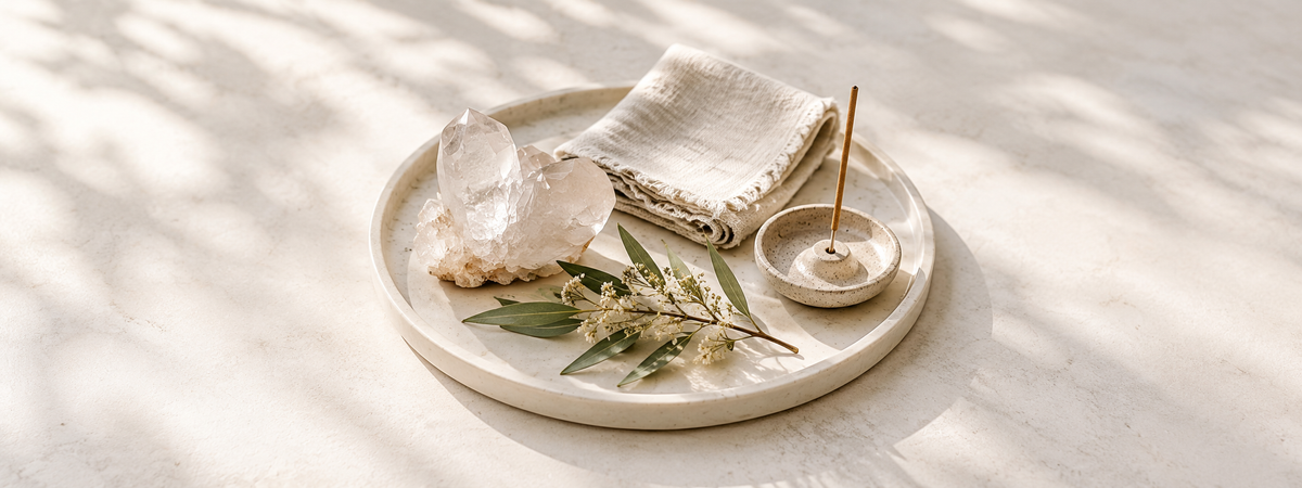 A dry symbolic crystal-cleansing arrangement on a pale tray: a quartz piece, folded soft cloth and simple unlit incense holder, with a little botanical sprig.