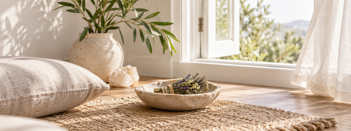 A bright uncluttered room corner with a plain heat-resistant incense dish, an unlit small botanical bundle and an open airy window.