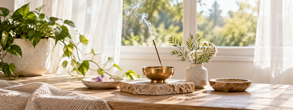 An airy home-cleansing still life: plain brass incense burner on heat-resistant stone with a modest curl of smoke, a bright open window and subtle greenery.