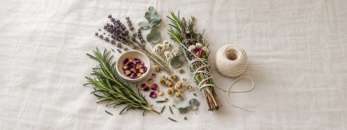 An unlit decorative botanical-bundle assembly: rosemary and garden-safe dried botanicals beside natural cotton string and a partially tied bundle on ivory linen.
