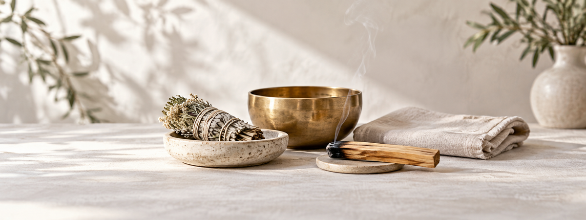 A quiet personal-cleansing arrangement: plain brass ritual bowl, a small tied botanical bundle resting in a ceramic dish, a Palo Santo wood stick and a folded linen cloth.