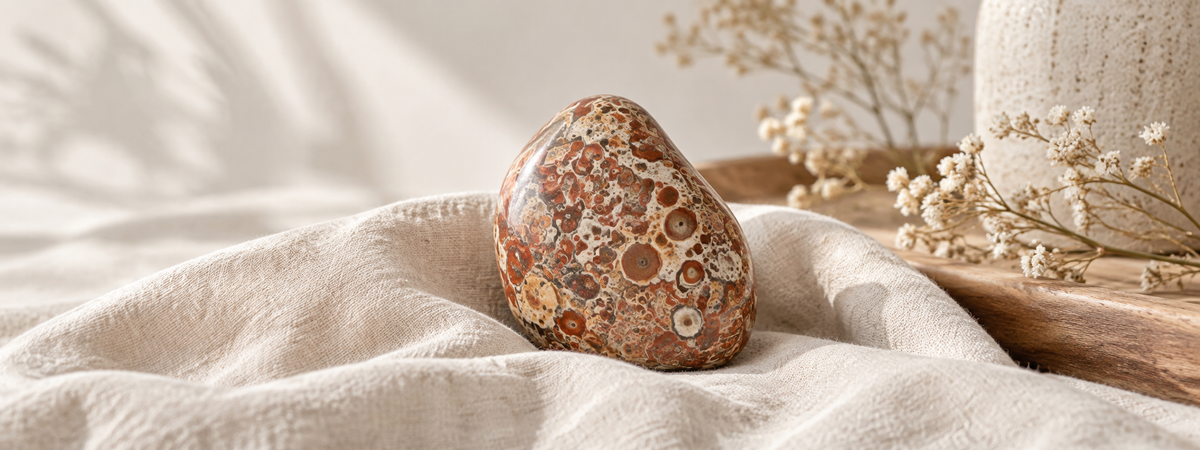 A polished Leopard Skin Jasper carving with mottled red, tan and cream spotted patterns, resting on soft padded linen.