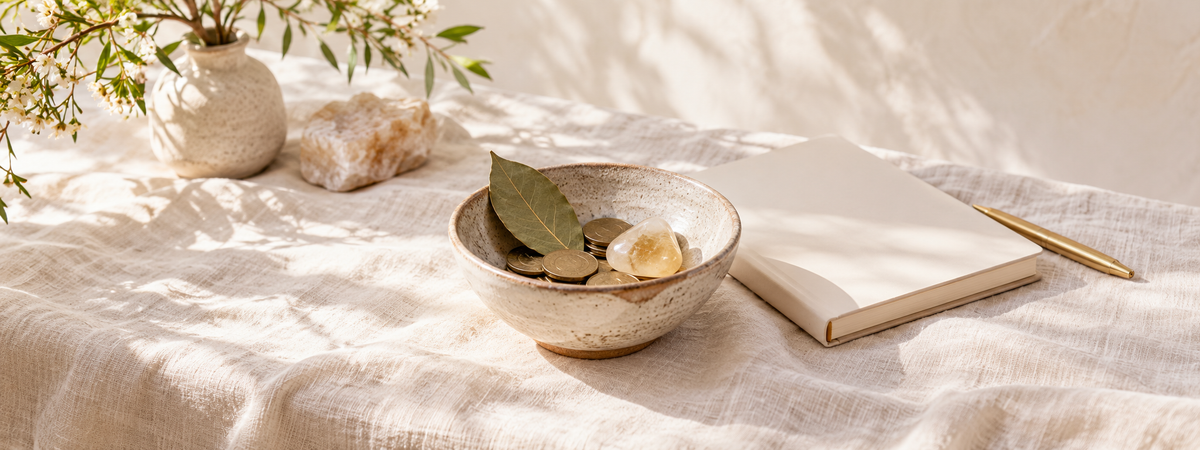 A modest ceramic money bowl containing a few unmarked coins, a bay leaf and a small pale golden stone, on ivory linen beside a blank intention journal.