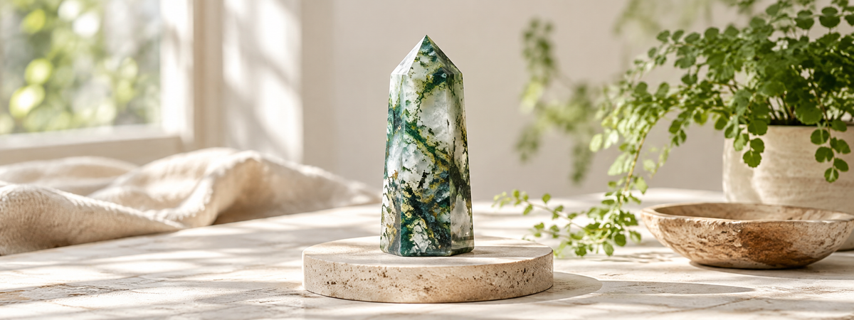 A polished Moss Agate point with natural-looking green mossy internal patterns and pale translucent areas, on a stable simple base in a bright room.