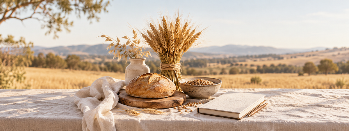 A simple Lammas gratitude still life with a small sheaf of wheat, a modest bread roll, seasonal grain in a ceramic bowl and a blank journal on ivory linen.