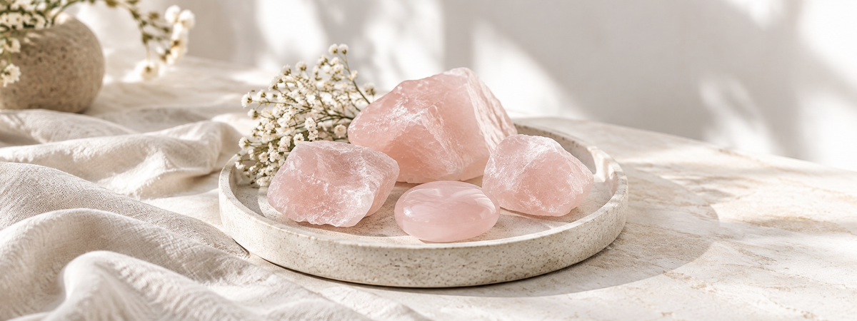 A few pale blush rough Rose Quartz pieces and a small polished pink palm stone on a dry pale tray.