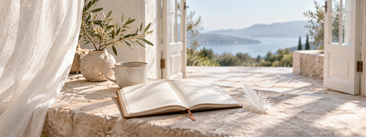 A bright open doorway with soft natural light, a blank journal and a subtle white feather on a pale stone ledge, suggesting personal reflection and change.