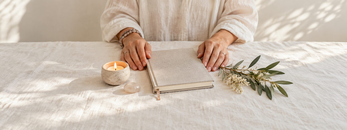 Two adult hands gently resting beside a closed blank journal, a small plain candleholder and a simple botanical sprig on ivory linen.