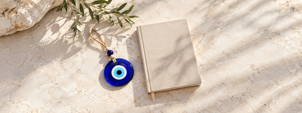 A simple blue evil-eye charm beside a closed plain journal on pale stone, with a gentle shadow line suggesting personal boundaries.