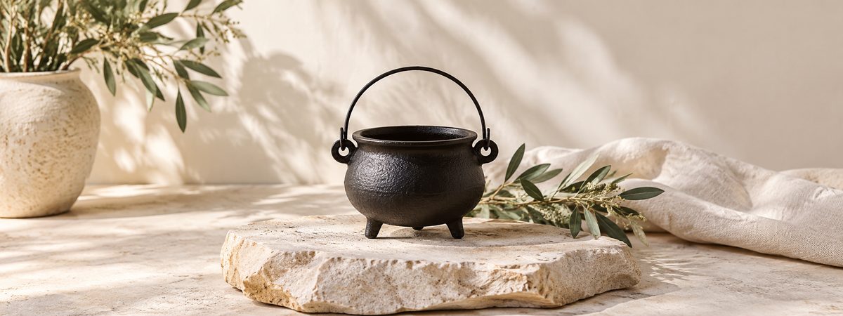 A small plain black cast-iron cauldron with an intact curved handle, empty and unlit, on a stable pale stone slab.