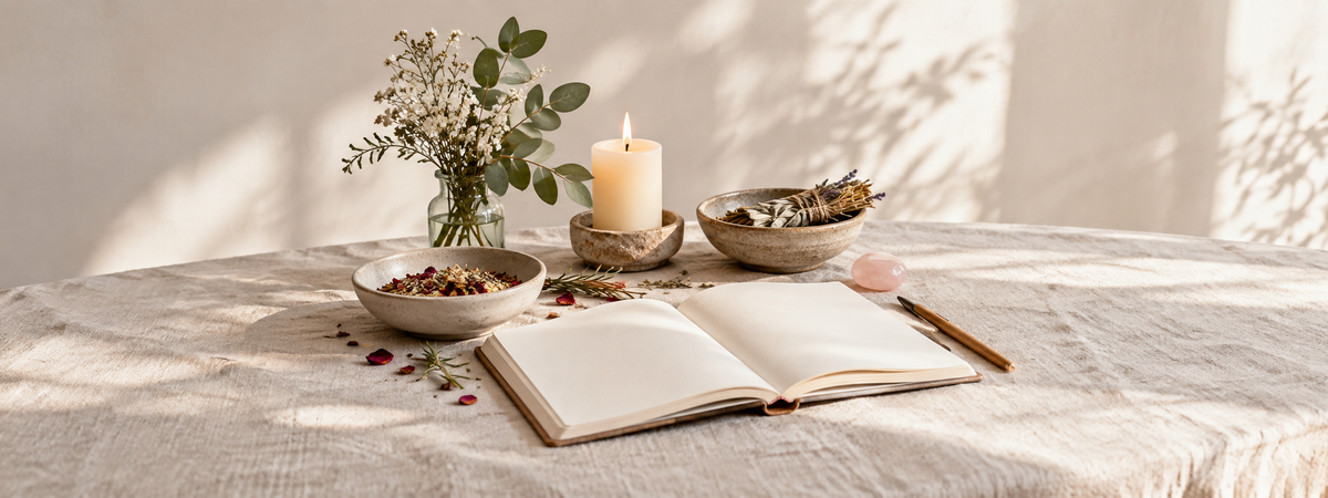 A small grounded spellcraft still life with a blank open journal, simple plain candle in stable holder and modest ceramic bowl on ivory linen.