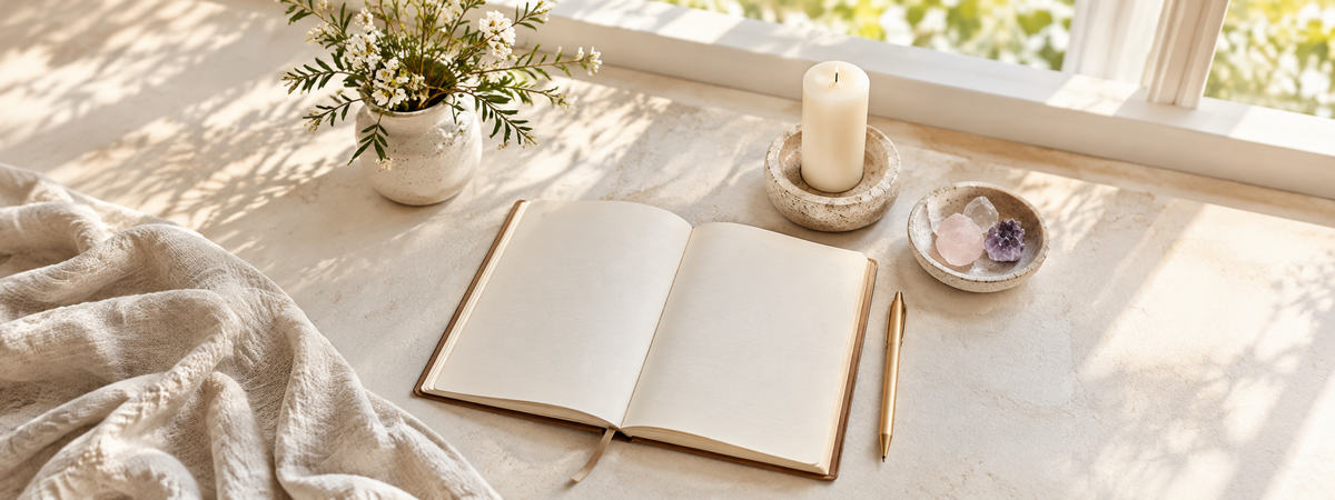 A blank journal and an unlit candle in a simple holder beside a softly illuminated window, with plenty of breathing space.