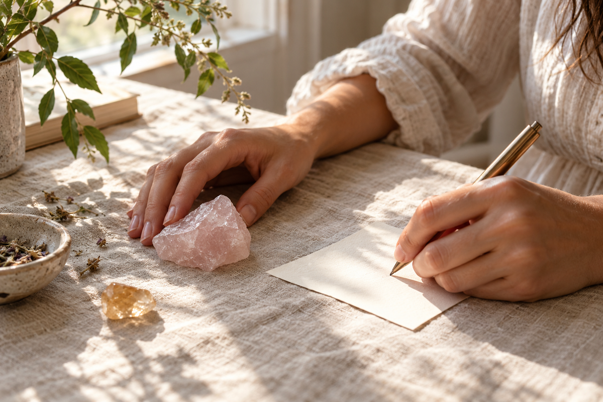 Hands writing an intention beside rose quartz and citrine on a sunlit linen-covered table.