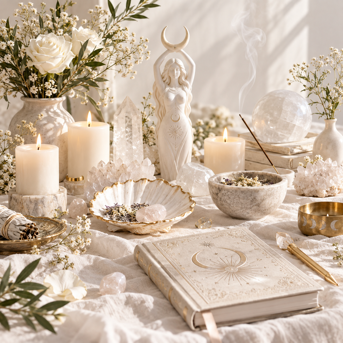 Spellcrafting altar with crystals, lit candles, incense, flowers and a crescent moon goddess figurine