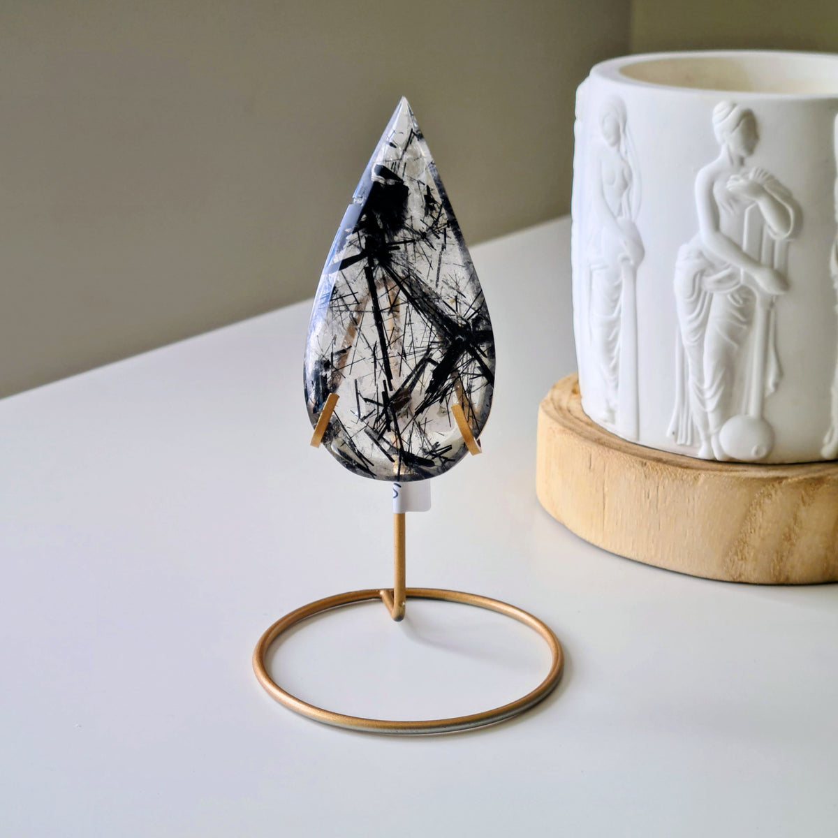 Tourmalinated Quartz Tear-drop on stand | A | Appx 8.8 cm long | 40 g