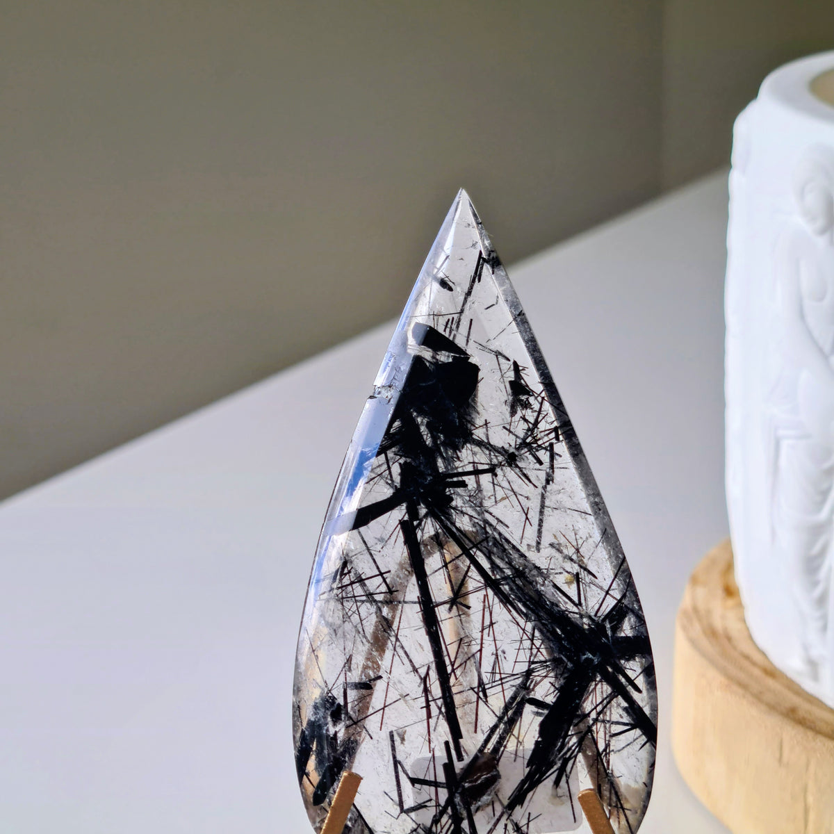 Tourmalinated Quartz Tear-drop on stand | A | Appx 8.8 cm long | 40 g
