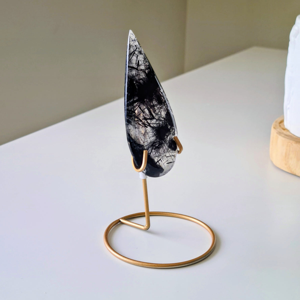 Tourmalinated Quartz Tear-drop on stand | B | Appx 9 cm long | 45 g