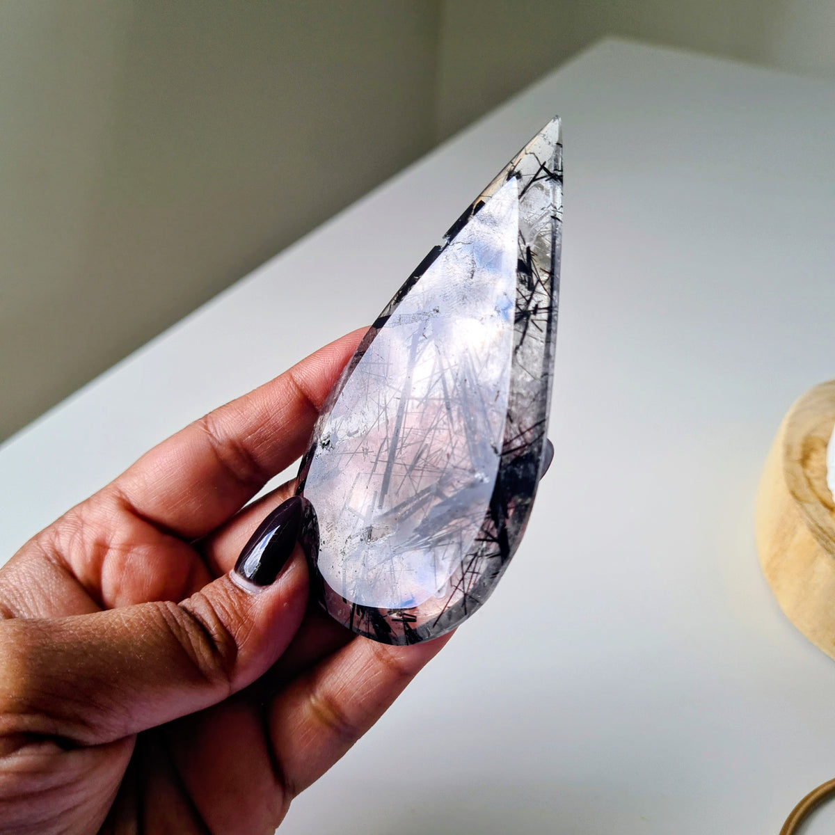 Tourmalinated Quartz Tear-drop on stand | A | Appx 8.8 cm long | 40 g