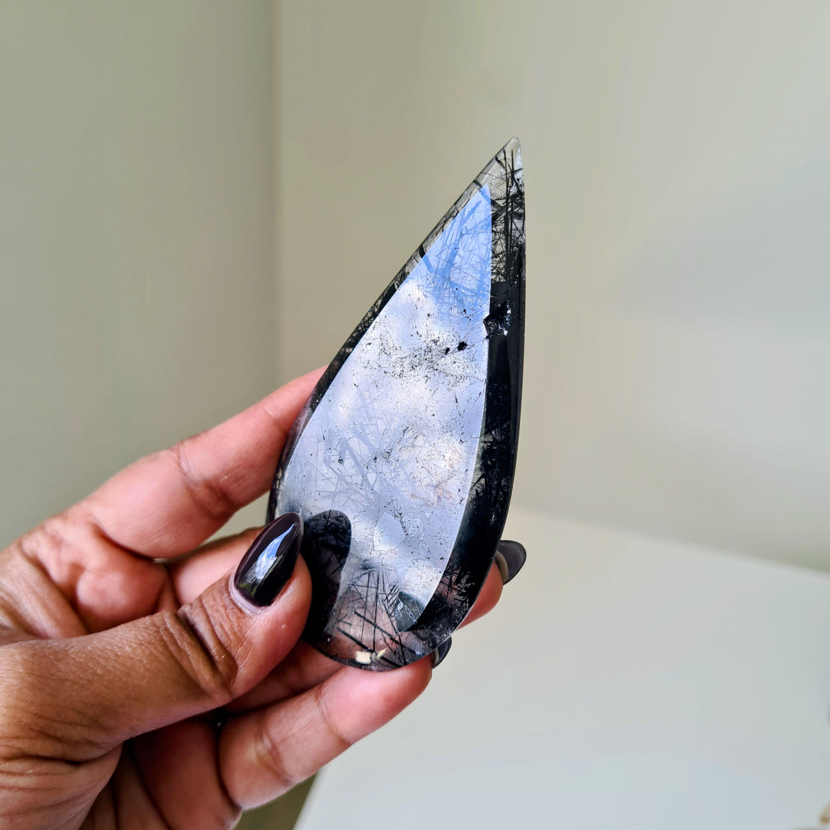 Tourmalinated Quartz Tear-drop on stand | B | Appx 9 cm long | 45 g