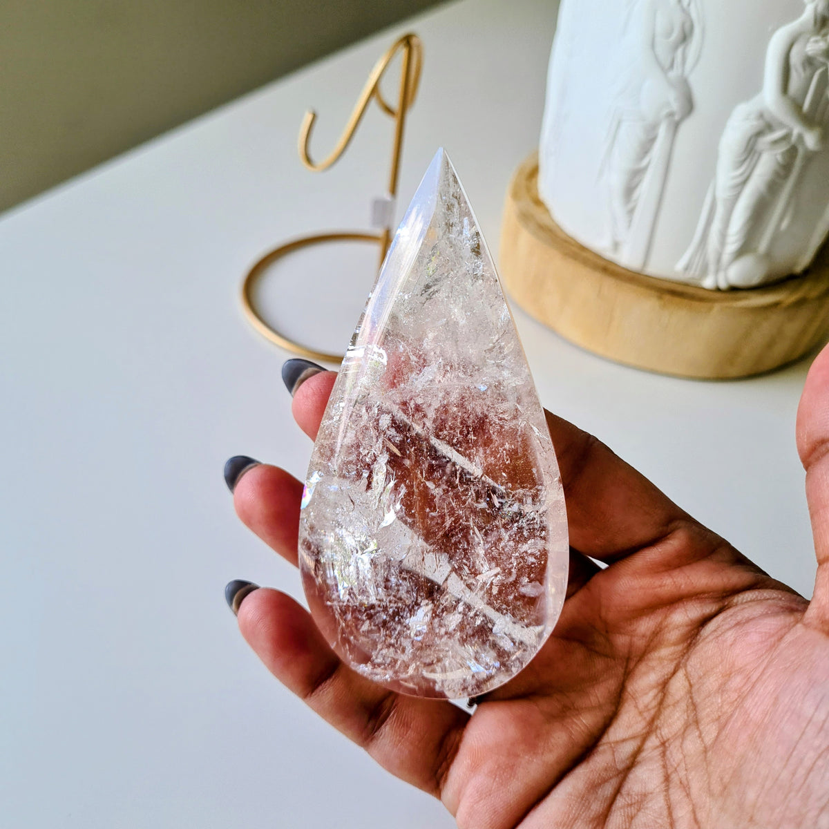 Pink fire quartz Tear-drop on stand | A | Appx 9 cm | 85 g