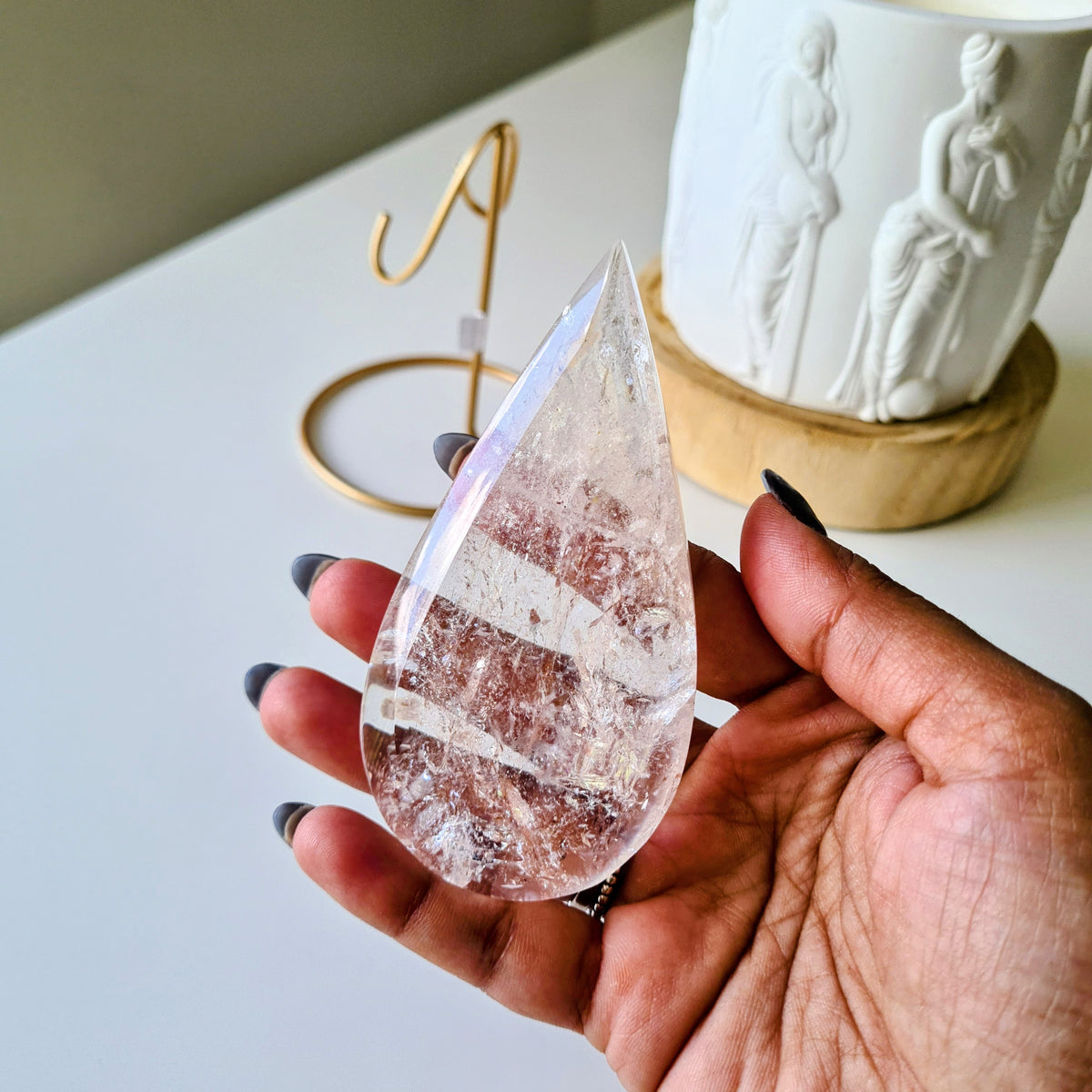 Pink fire quartz Tear-drop on stand | A | Appx 9 cm | 85 g