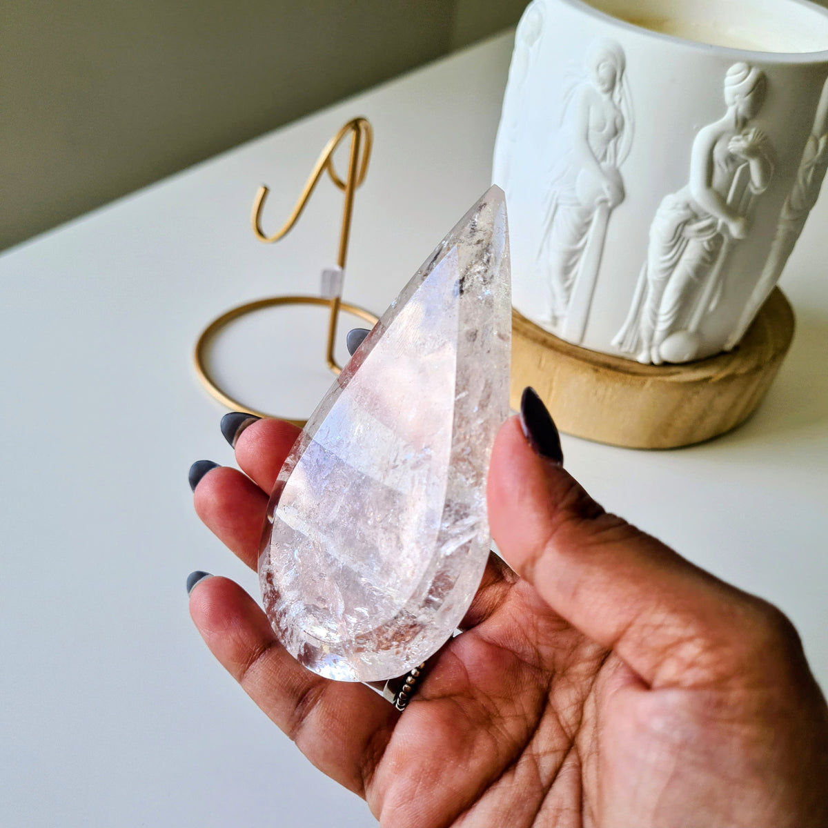 Pink fire quartz Tear-drop on stand | A | Appx 9 cm | 85 g