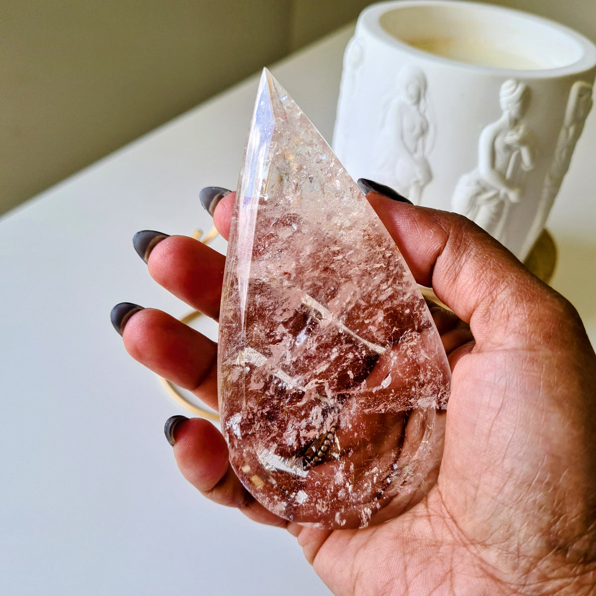 Pink fire quartz Tear-drop on stand | B | Appx 10.5 cm | 100 g
