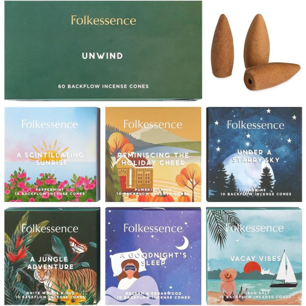 Folkessence Backflow Incense Cones Gift Pack - Unwind 60 Cones