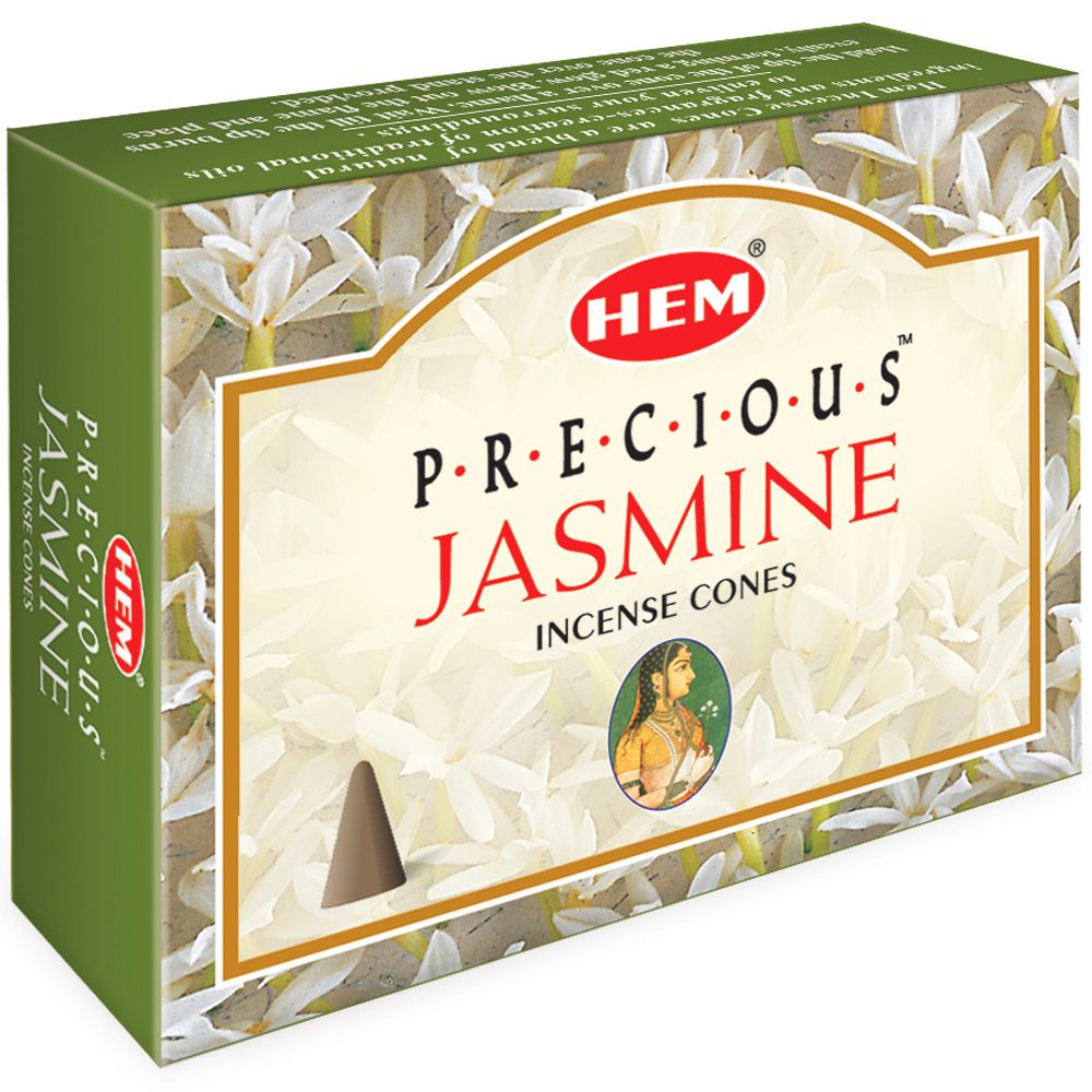 Green and cream HEM Precious Jasmine incense cone box with white flower illustrations.